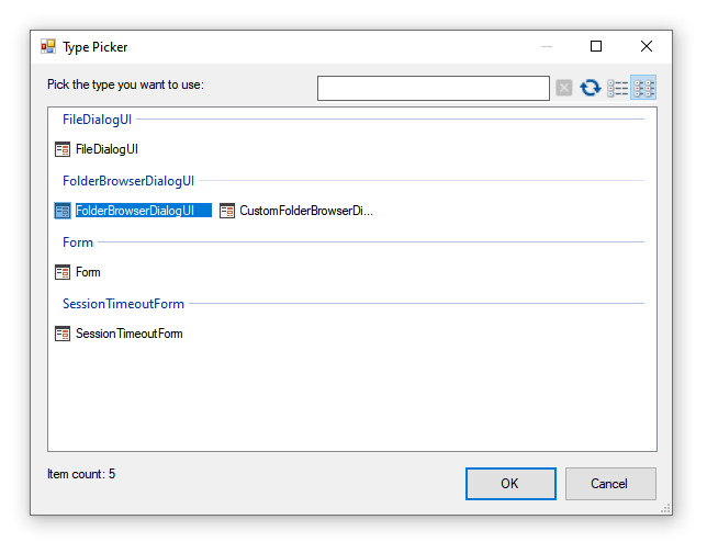 Dialog showing FolderBrowserDialogUI selection